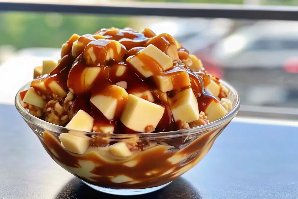 Caramel Apple Salad in a serving bowl with caramel drizzle
