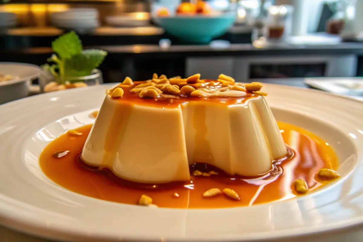 Silky chai spice panna cotta drizzled with golden caramel sauce in a white ramekin Chai Spice Panna Cotta with Caramel