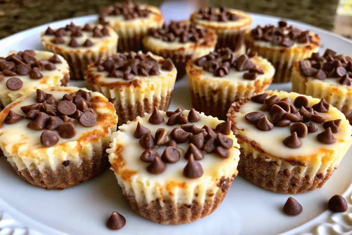 Assorted cheesecake bites with chocolate drizzle and fruit topping