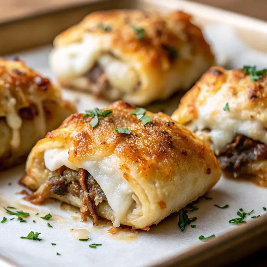 Cheesesteak Roll-Ups Recipe with melted cheese and steak filling served on a wooden board