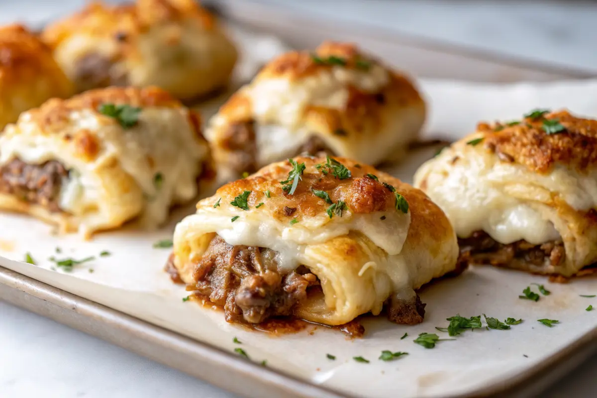 Cheesesteak Roll-Ups Recipe with melted cheese and steak filling served on a wooden board