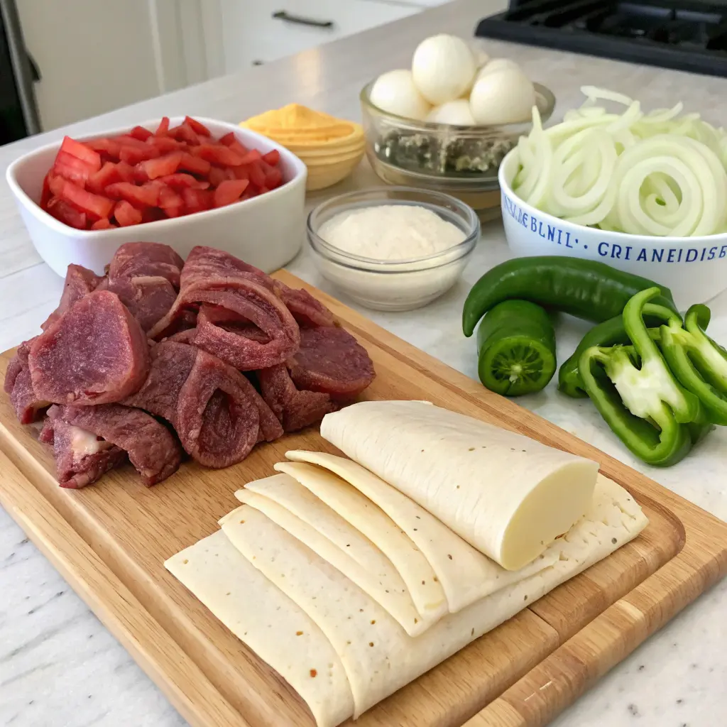 Cheesesteak Roll-Ups Recipe with melted cheese and steak filling served on a wooden board