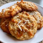 Chewy caramel coconut cookies with gooey centers and toasted coconut topping
