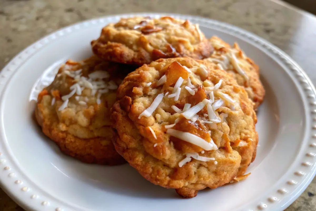Chewy caramel coconut cookies with gooey centers and toasted coconut topping
