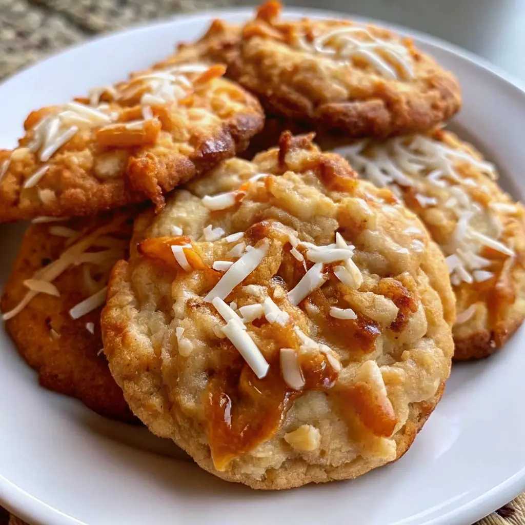 Chewy caramel coconut cookies with gooey centers and toasted coconut topping