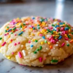 Chewy sprinkles cookies stacked on a plate with colorful sprinkles