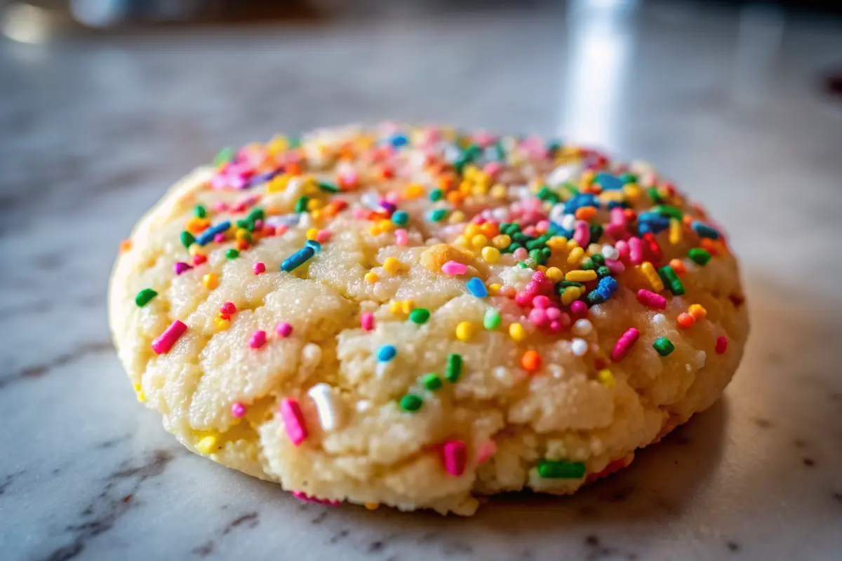 Chewy sprinkles cookies stacked on a plate with colorful sprinkles