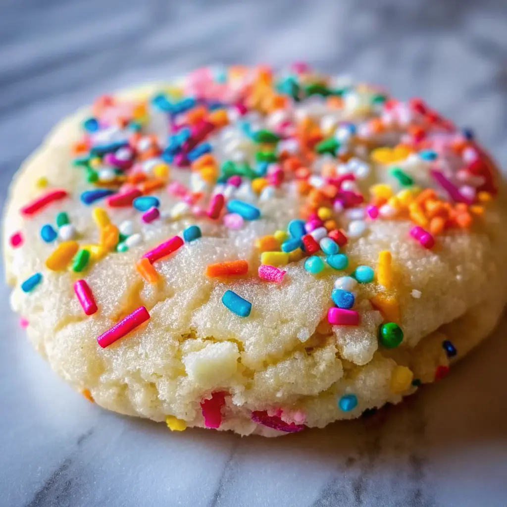 Chewy sprinkles cookies stacked on a plate with colorful sprinkles