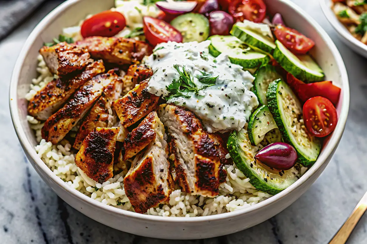 Chicken Gyro Bowls Recipe with fresh toppings