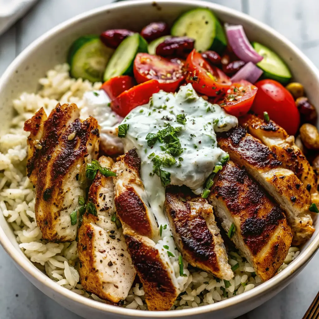 Chicken Gyro Bowls Recipe with fresh toppings