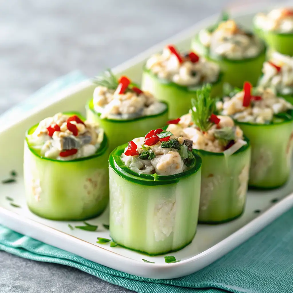 Chicken Salad Cucumber Roll Ups served on a wooden platter