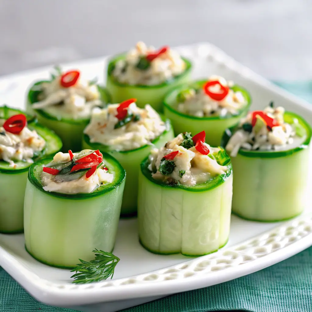 Chicken Salad Cucumber Roll Ups served on a wooden platter