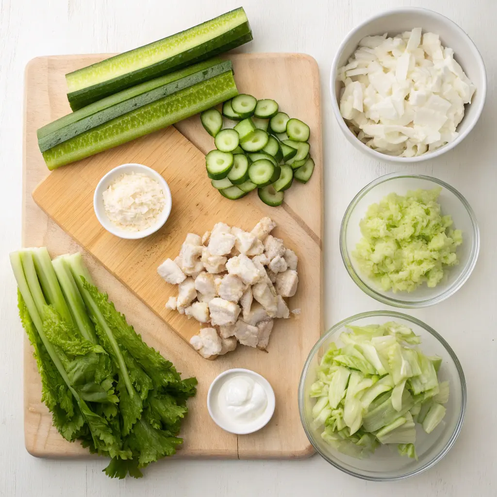 Chicken Salad Cucumber Roll Ups served on a wooden platter