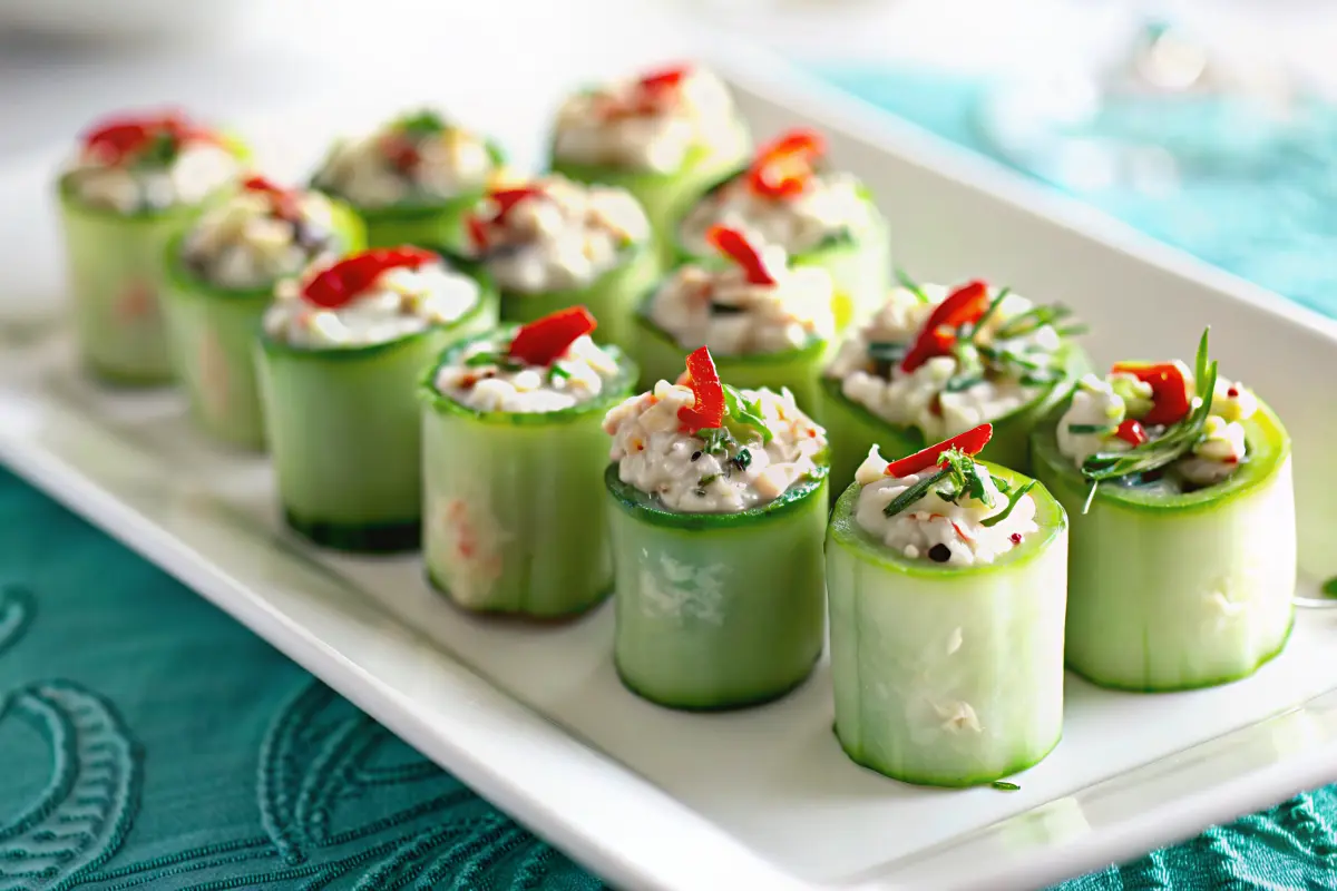 Chicken Salad Cucumber Roll Ups served on a wooden platter