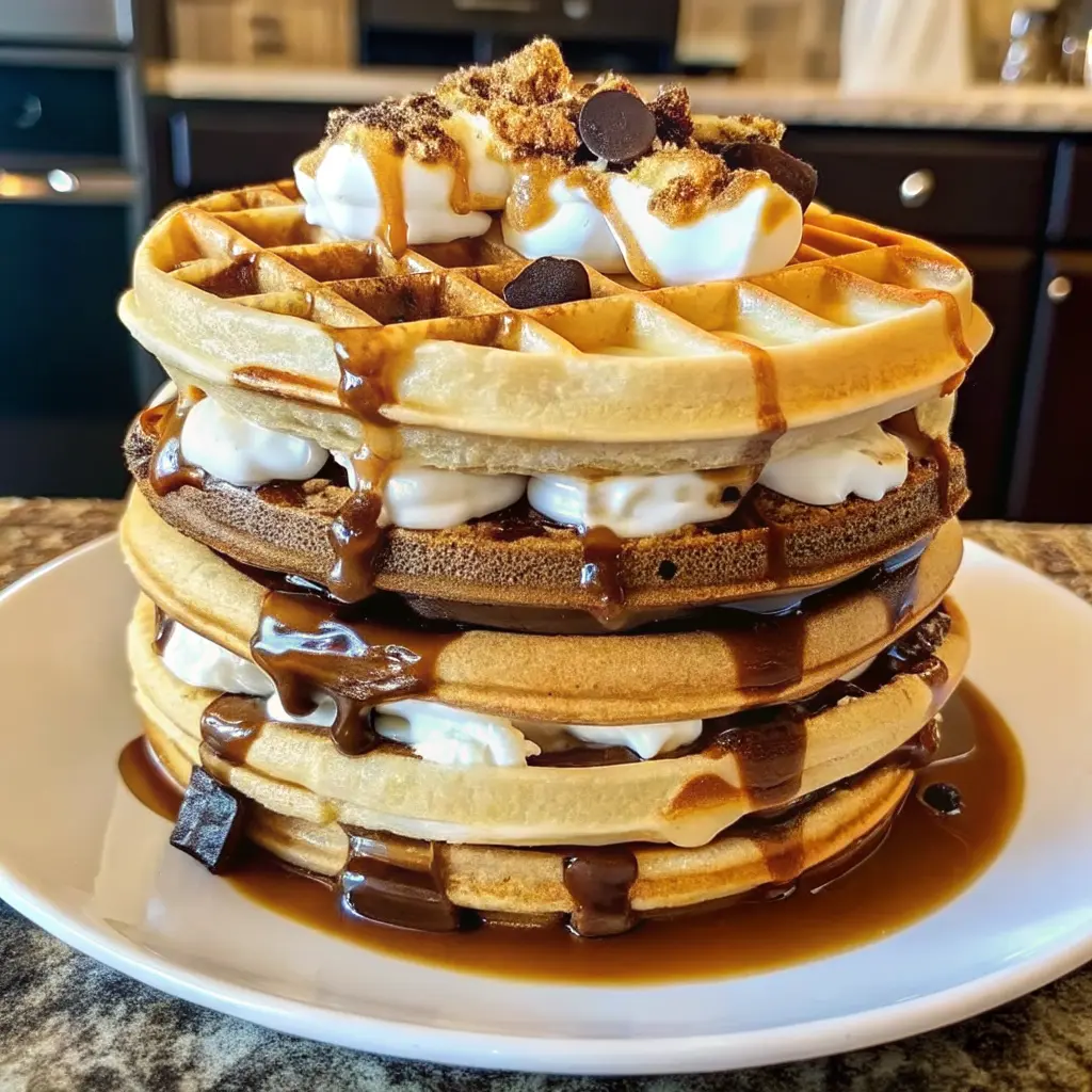 Gooey Chocolate Marshmallow Waffle Sandwiches stacked with melted chocolate and toasted marshmallow