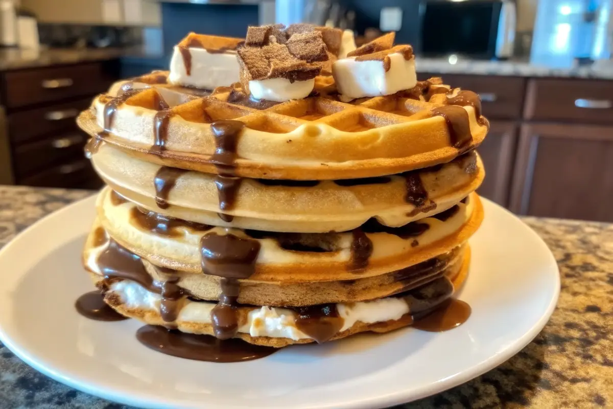 Gooey Chocolate Marshmallow Waffle Sandwiches stacked with melted chocolate and toasted marshmallow