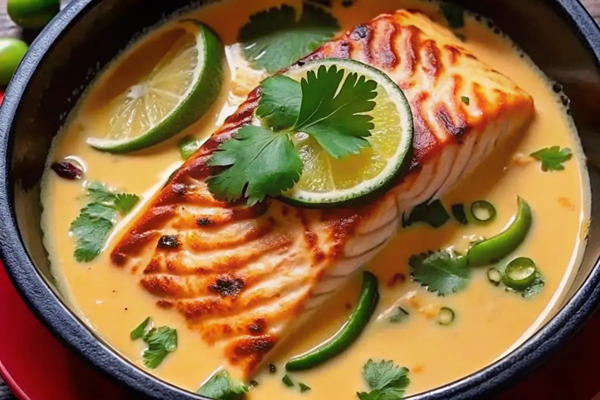Coconut lime poached salmon in creamy sauce with lime wedges and herbs