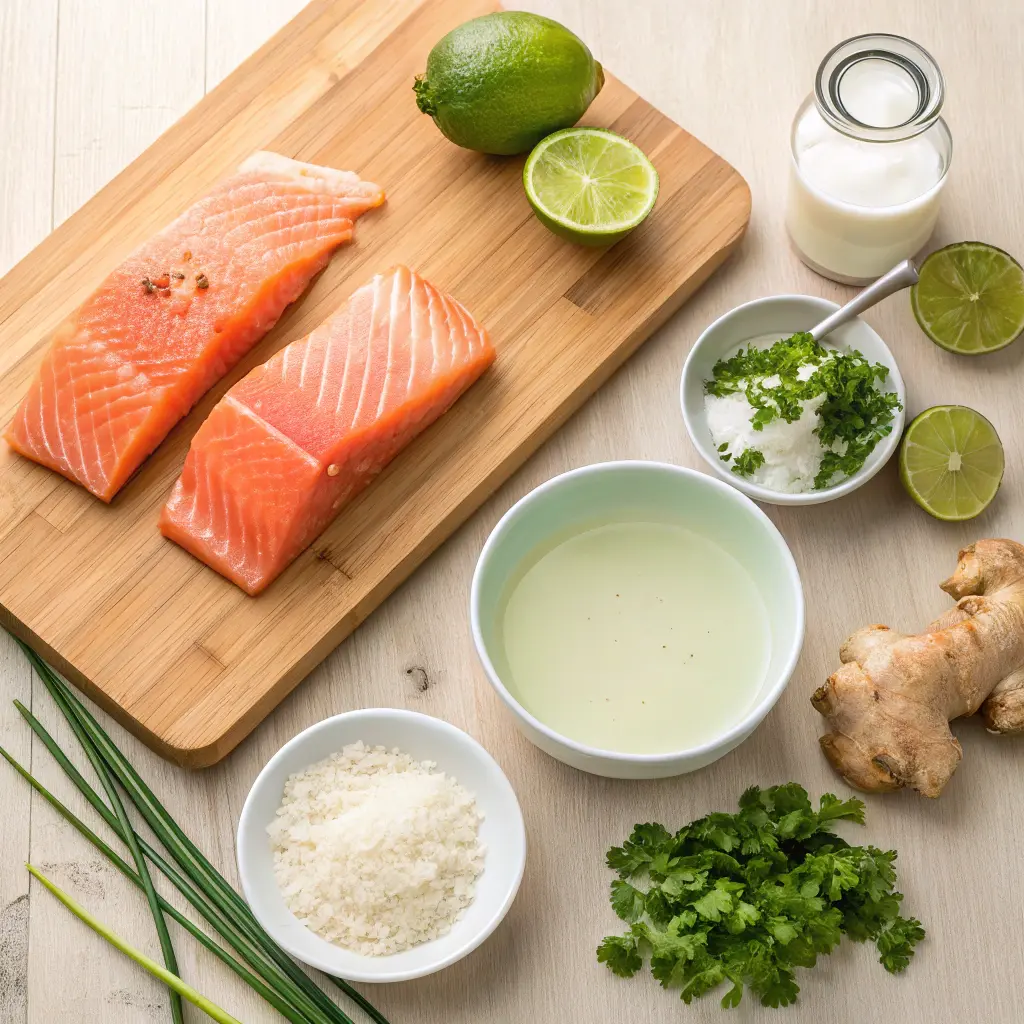 Coconut lime poached salmon in creamy sauce with lime wedges and herbs
