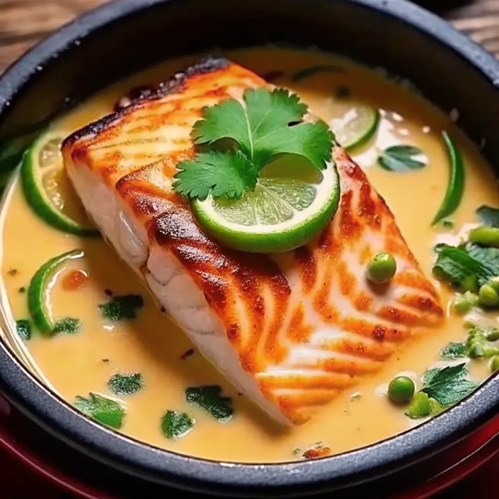 Coconut lime poached salmon in creamy sauce with lime wedges and herbs