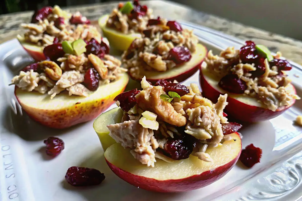 Cranberry Chicken Salad on Apple Slices Cranberry chicken salad served on fresh apple slices with a festive garnish