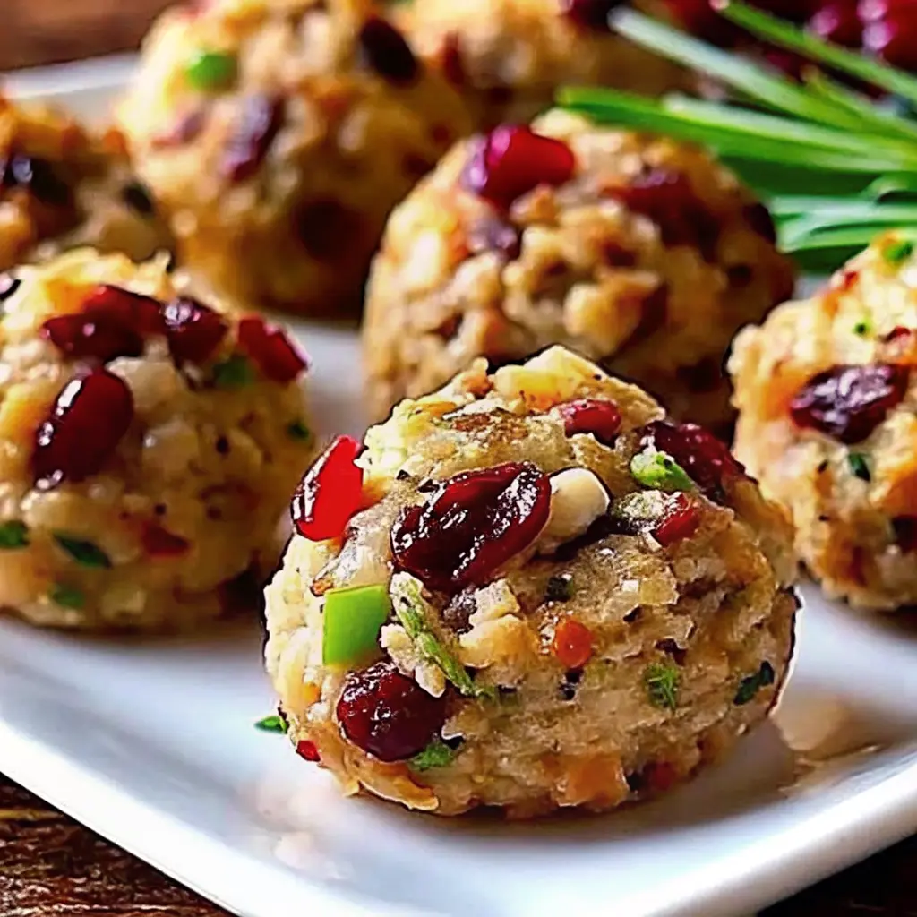 Golden cranberry and turkey stuffing balls served with cranberry sauce on a holiday platter