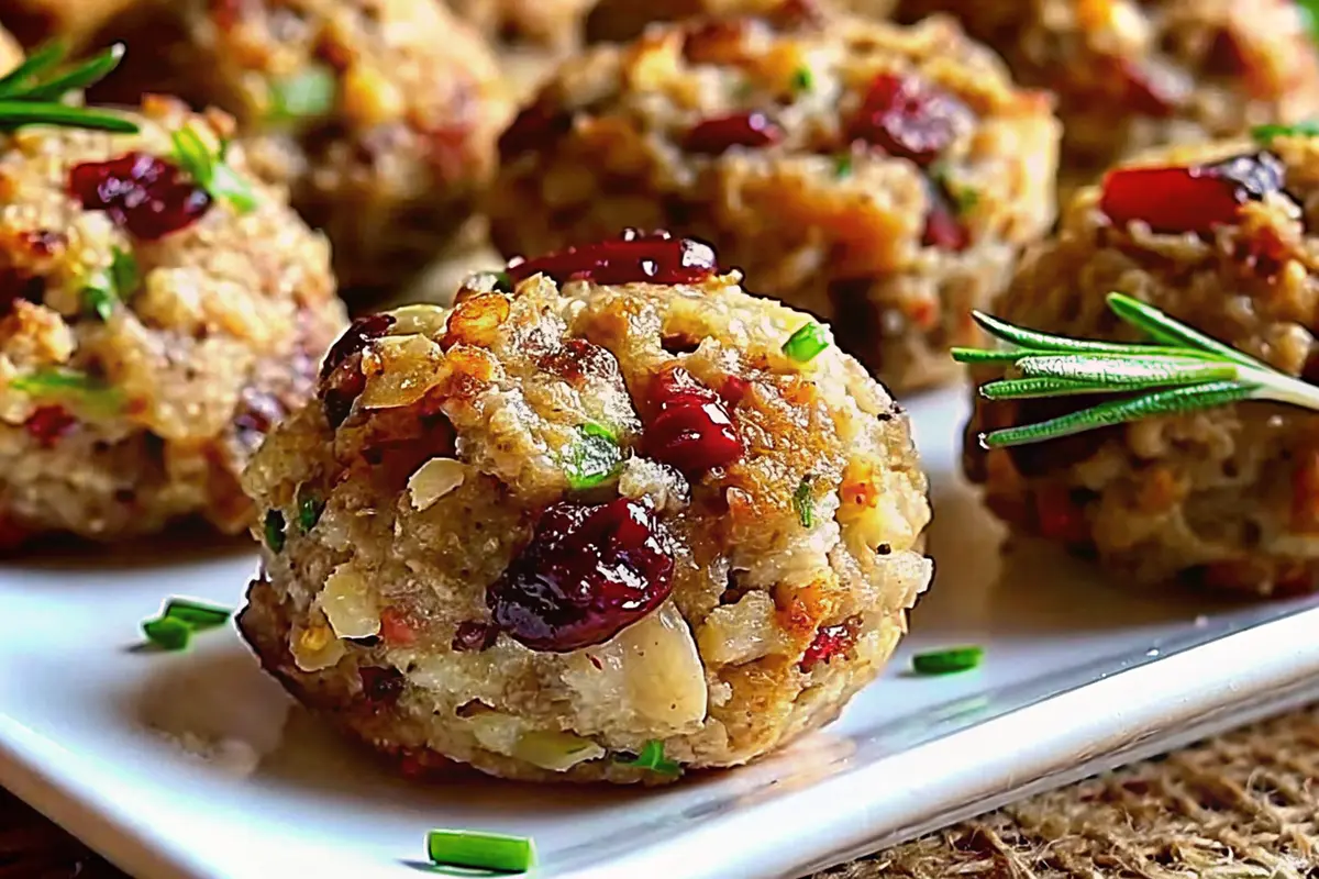 Golden cranberry and turkey stuffing balls served with cranberry sauce on a holiday platter