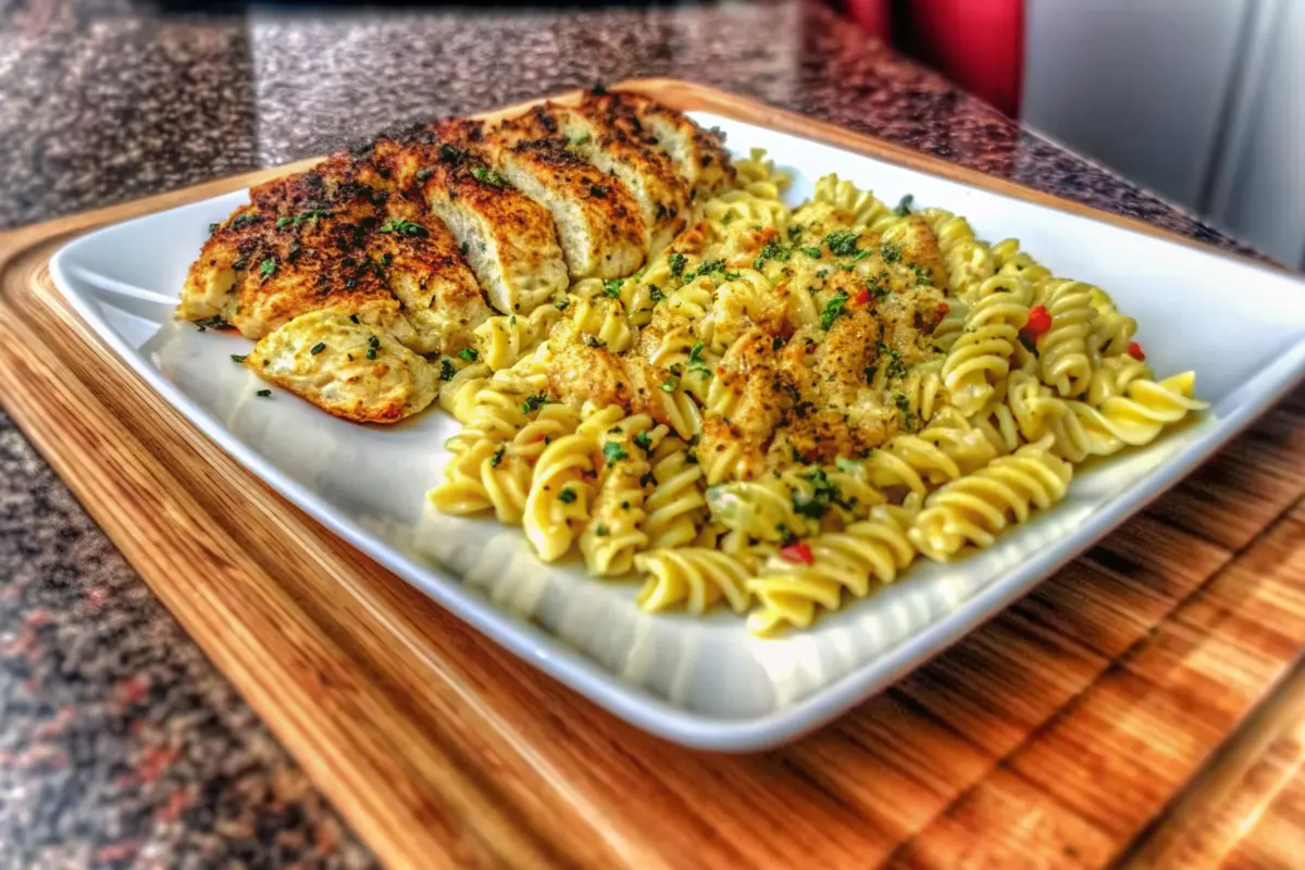 Creamy Garlic Parmesan Chicken Pasta served in a skillet with parsley garnish