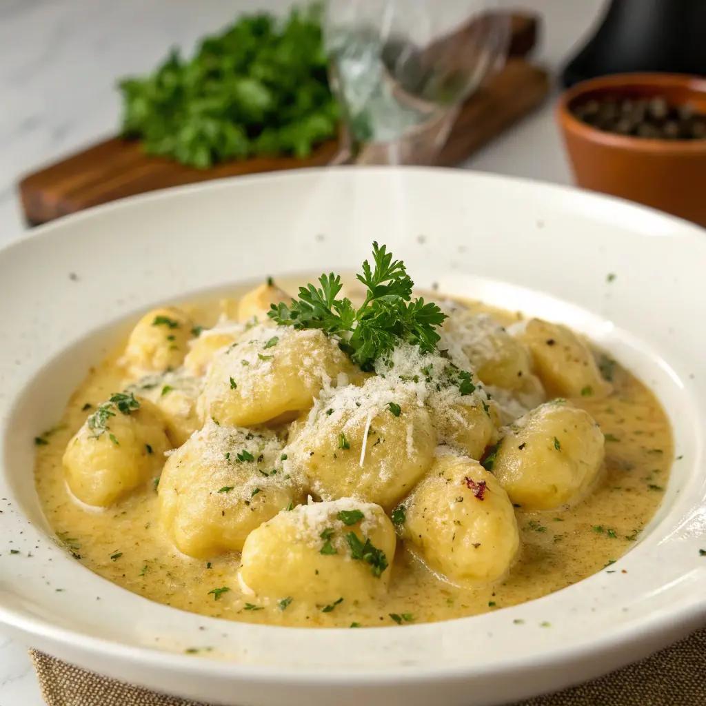 Skillet of creamy garlic Parmesan gnocchi with fresh herbs