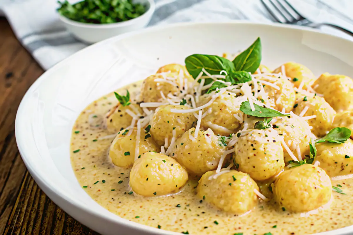Skillet of creamy garlic Parmesan gnocchi with fresh herbs