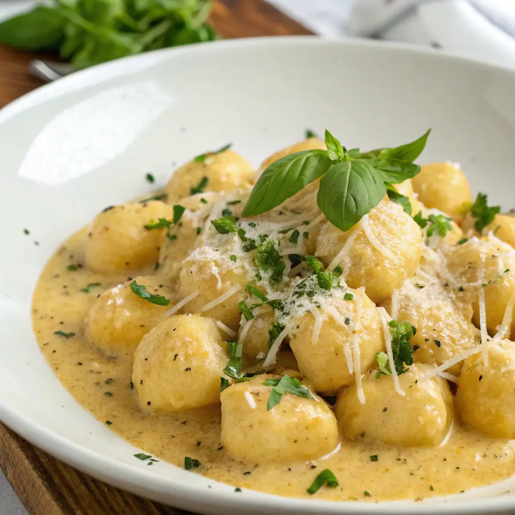 Skillet of creamy garlic Parmesan gnocchi with fresh herbs