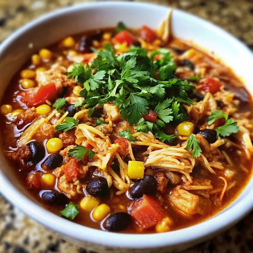 Crock Pot Chicken Taco Chili in a bowl with garnishes
