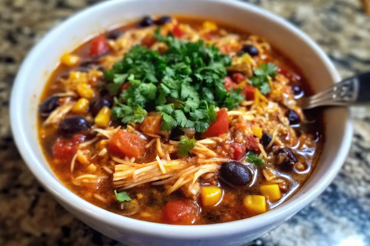 Crock Pot Chicken Taco Chili in a bowl with garnishes