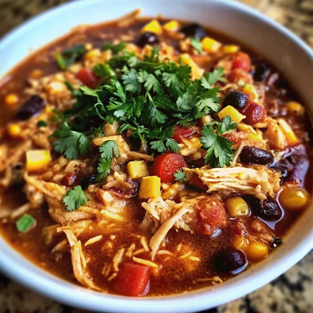 Crock Pot Chicken Taco Chili in a bowl with garnishes