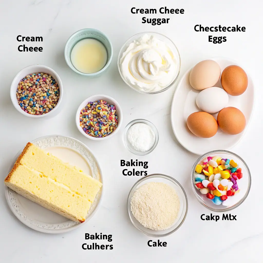 Funfetti Cheesecake Recipe topped with whipped cream and rainbow sprinkles on a party table