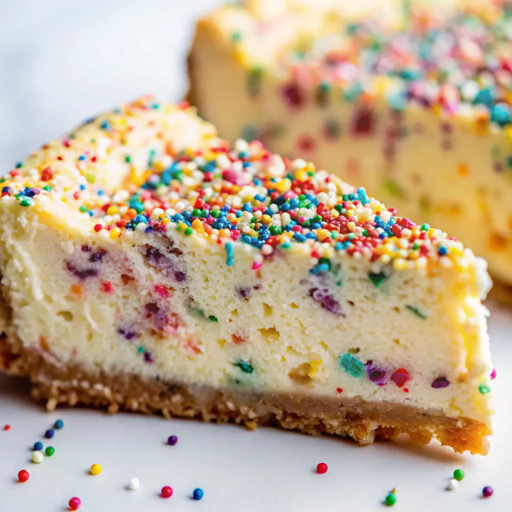 Funfetti Cheesecake topped with whipped cream and rainbow sprinkles on a party table