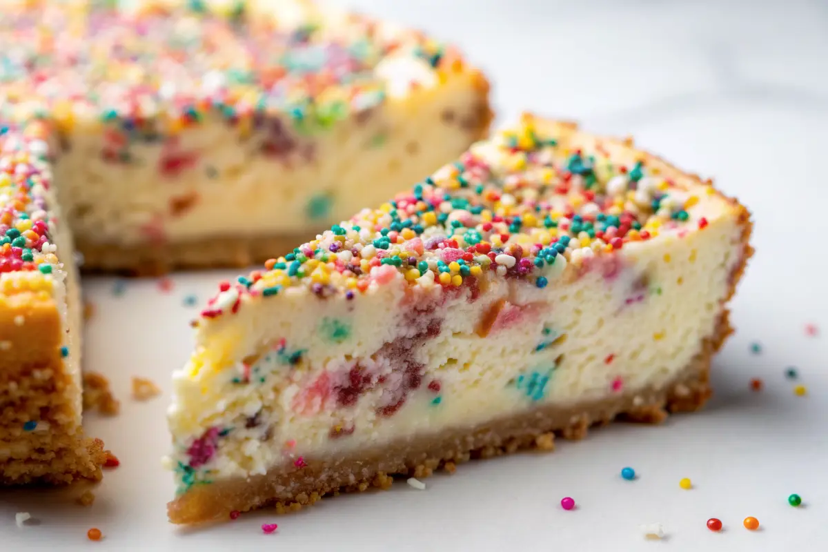 Funfetti Cheesecake Recipe topped with whipped cream and rainbow sprinkles on a party table