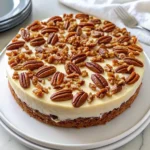 Homemade Butter Pecan Cake topped with pecans and creamy frosting