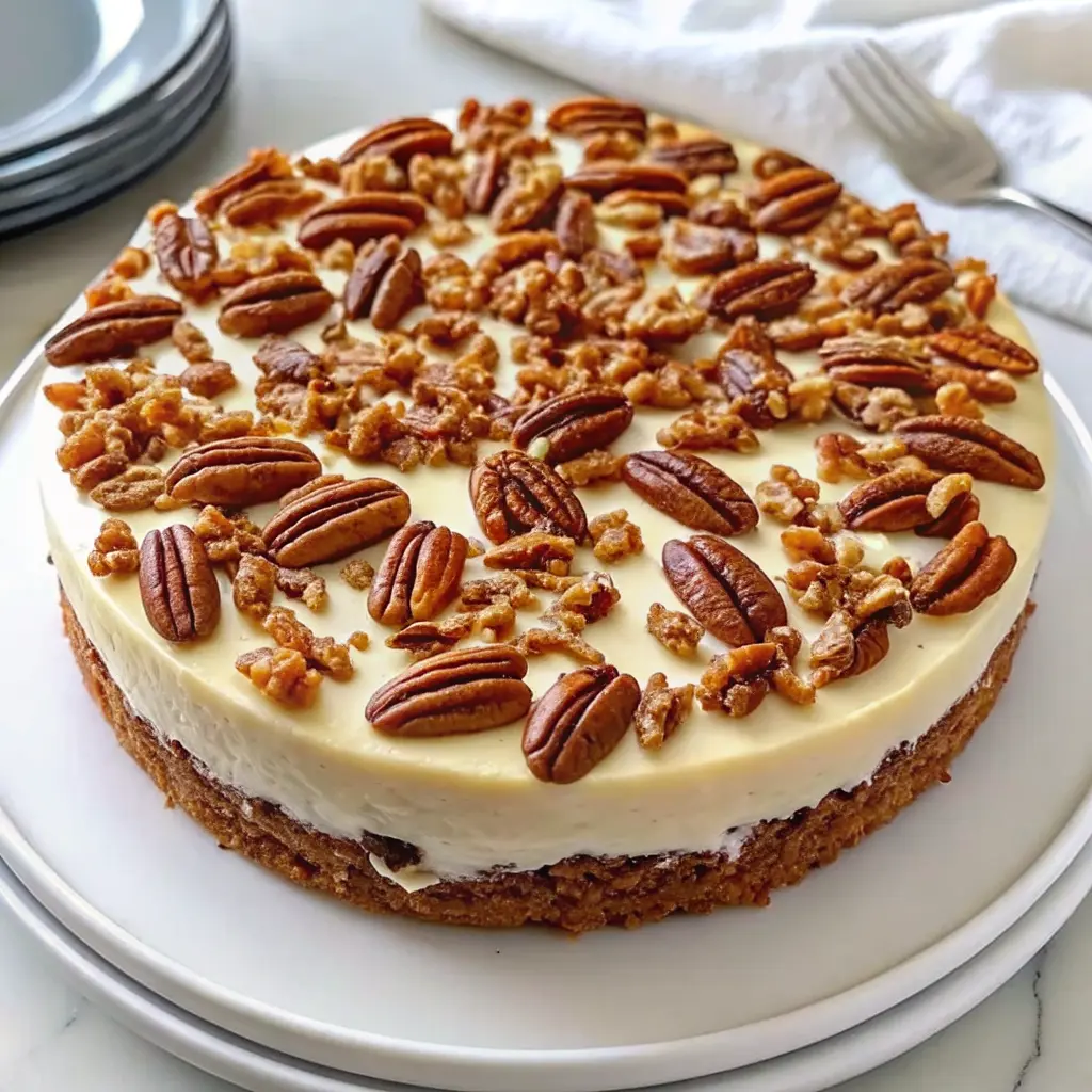 Homemade Butter Pecan Cake topped with pecans and creamy frosting