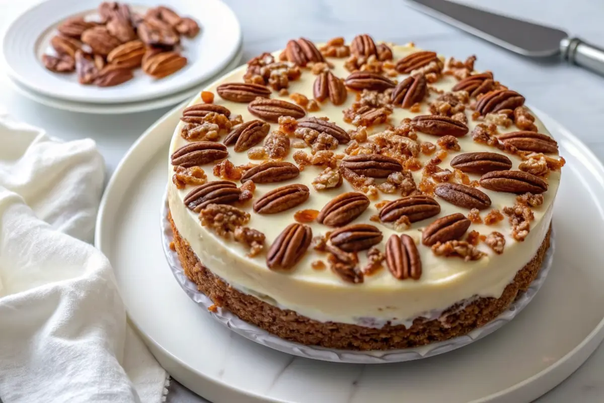 Homemade Butter Pecan Cake topped with pecans and creamy frosting