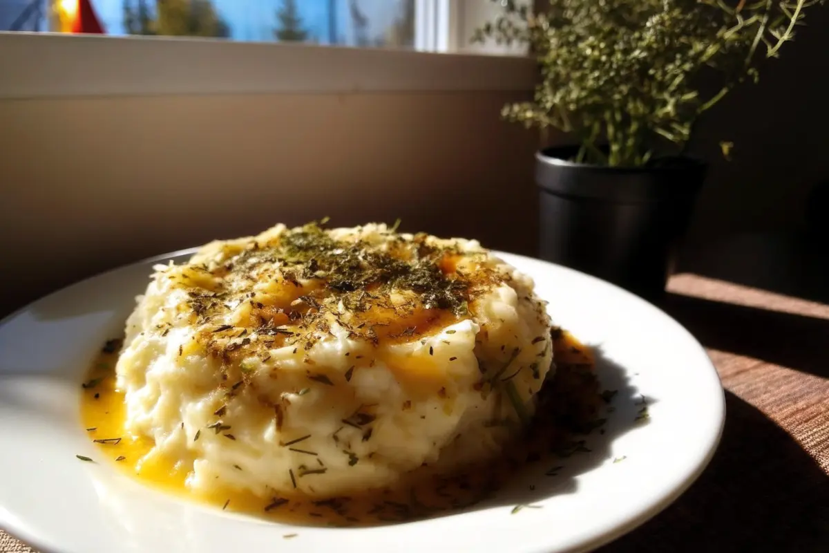 Creamy Instant Pot Mashed Potatoes served in a bowl with butter and herbs