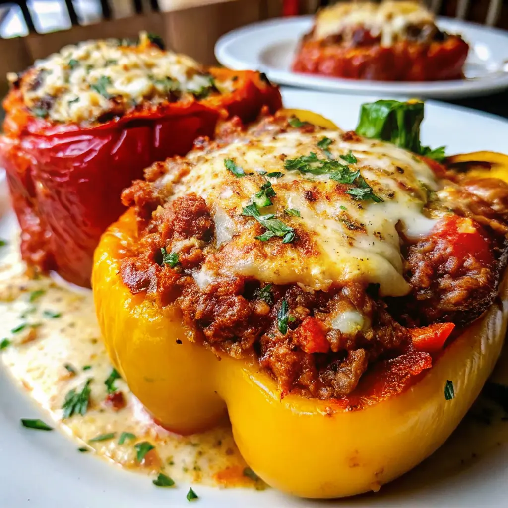Lasagna Stuffed Peppers filled with meaty marinara, ricotta, and melted mozzarella in colorful bell peppers