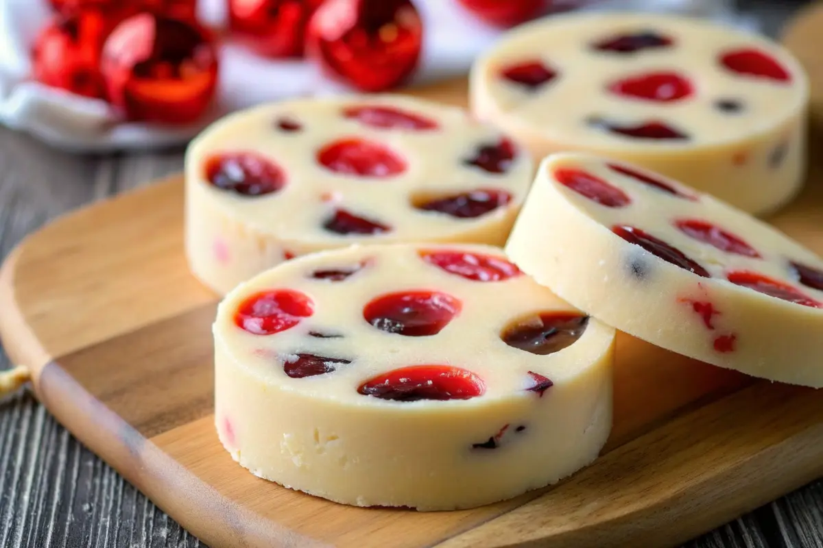 Maraschino Cherry Shortbread Cookies stacked on a plate