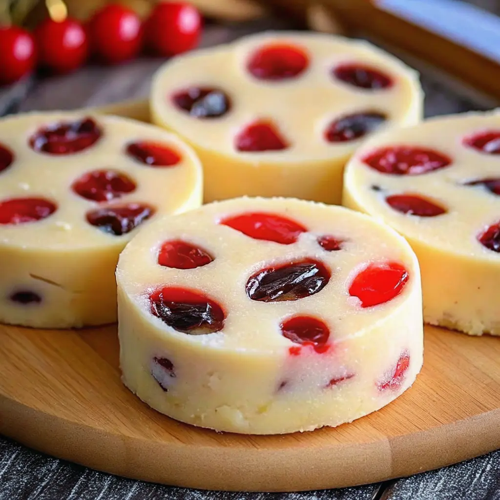 Maraschino Cherry Shortbread Cookies stacked on a plate