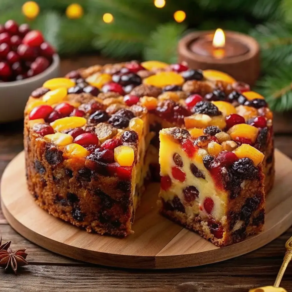 Moist fruitcake sliced on a wooden board with dried fruits and nuts