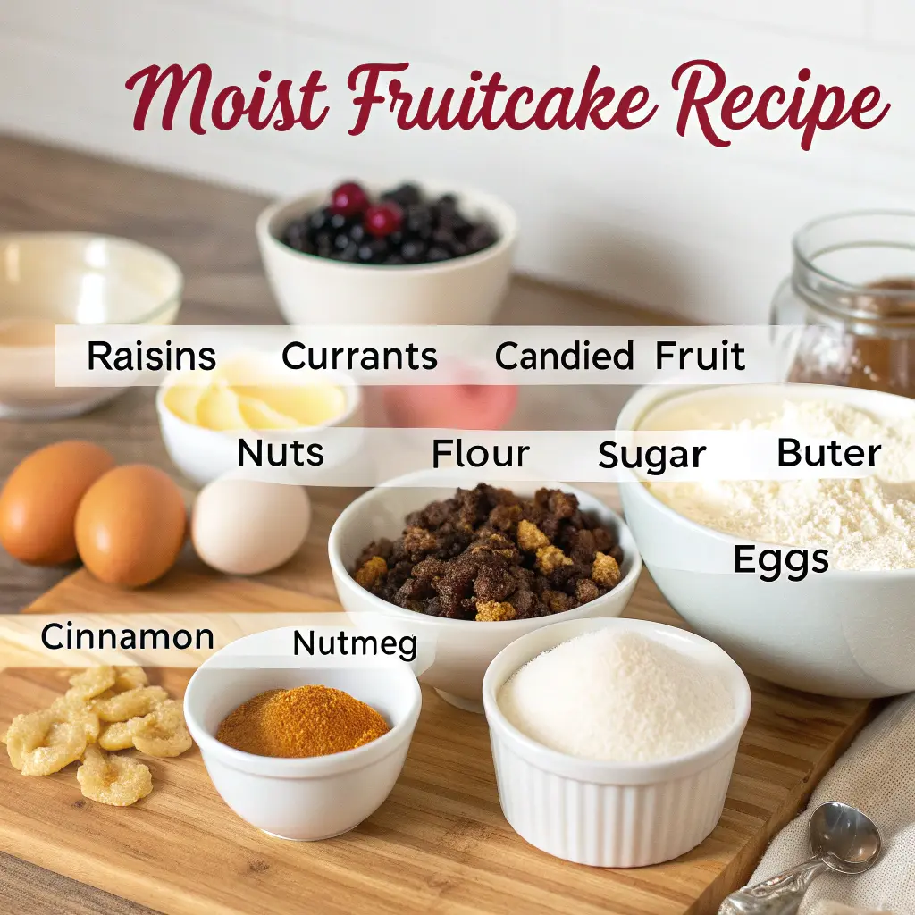 Moist fruitcake Recipe sliced on a wooden board with dried fruits and nuts