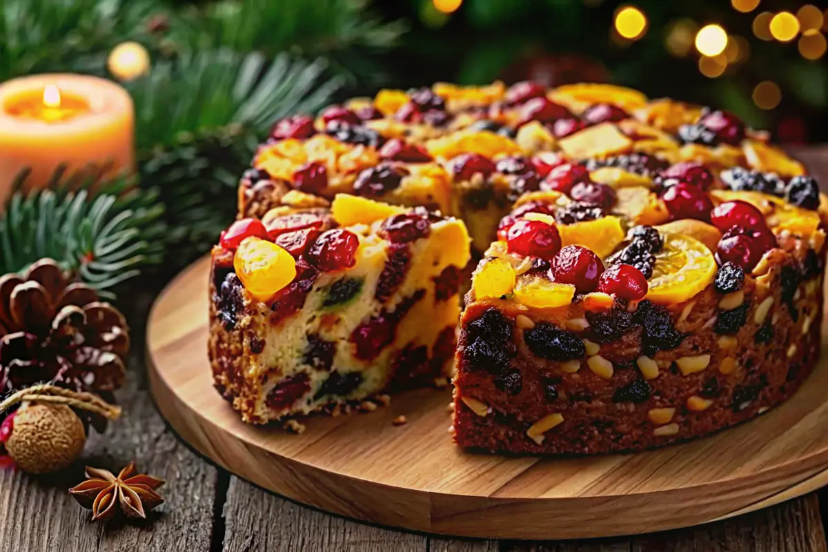 Moist fruitcake Recipe sliced on a wooden board with dried fruits and nuts