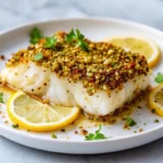 pistachio crusted cod Recipe fillet with golden crust and lemon wedge