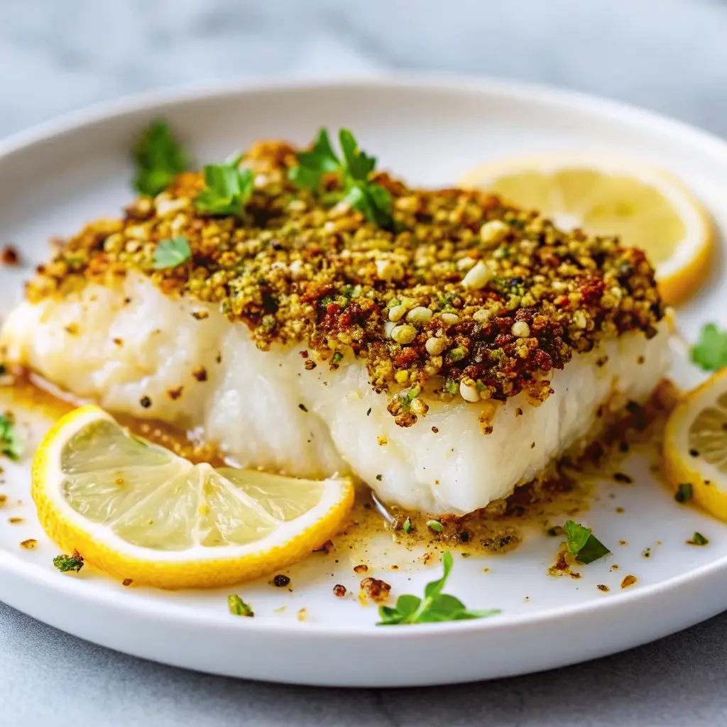 pistachio crusted cod Recipe fillet with golden crust and lemon wedge