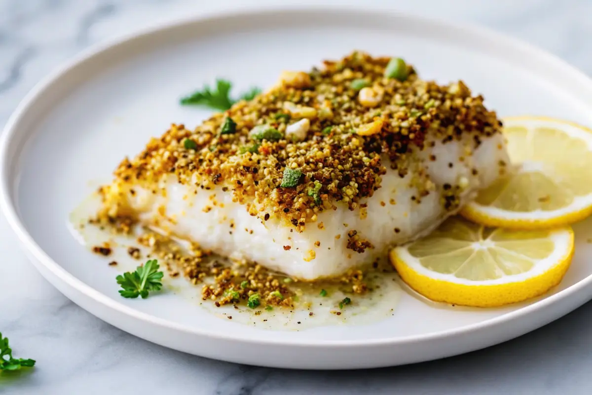 pistachio crusted cod Recipe fillet with golden crust and lemon wedge