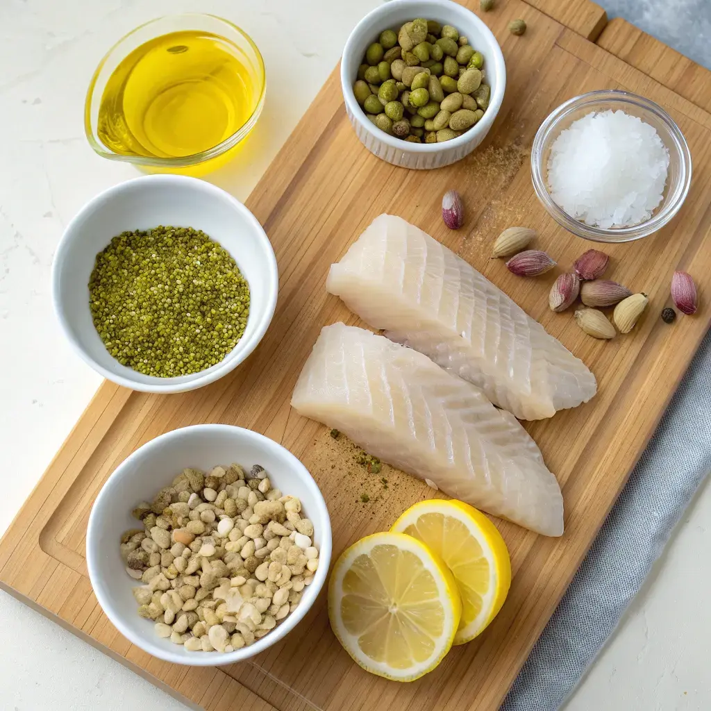 pistachio crusted cod Recipe fillet with golden crust and lemon wedge